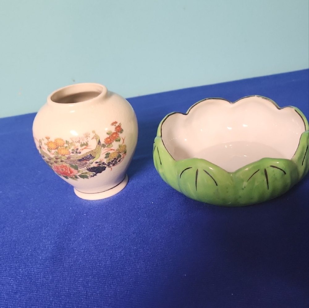 Floral Ceramic Vase and Green Leaf Bowl